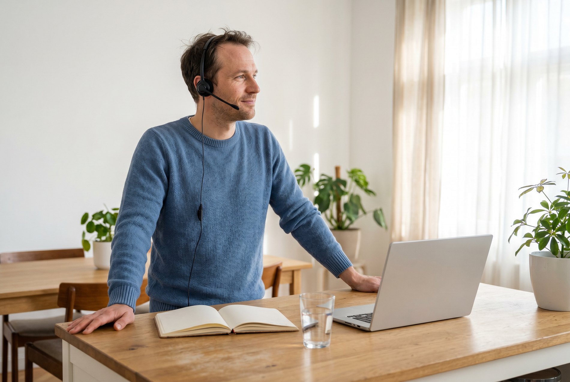A Benefits Representative listening on a call from his kitchen
