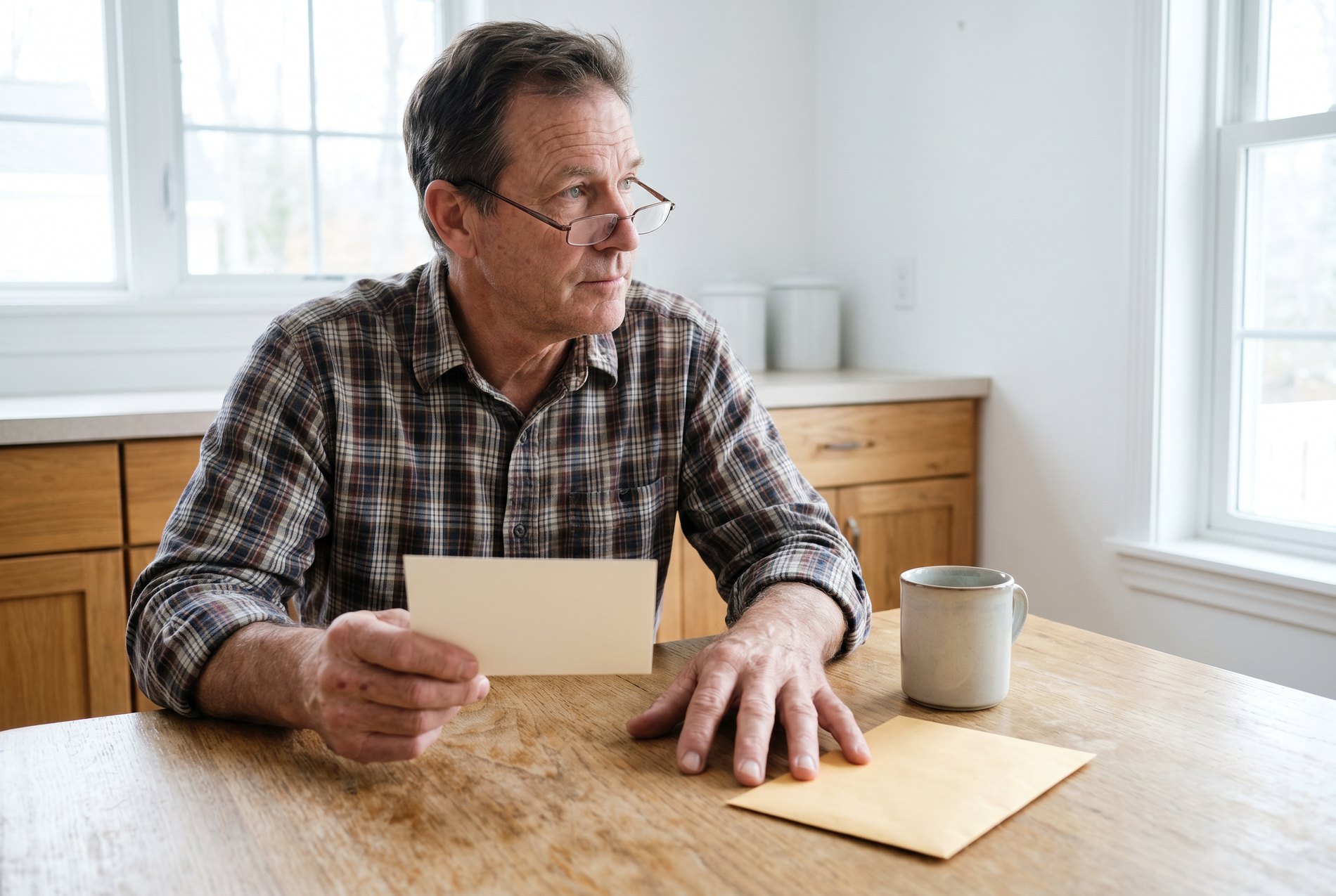 A union member at his kitchen table with the reply card he returned